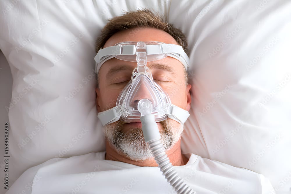 Mature man sleeping with cpap machine for sleep apnea treatment