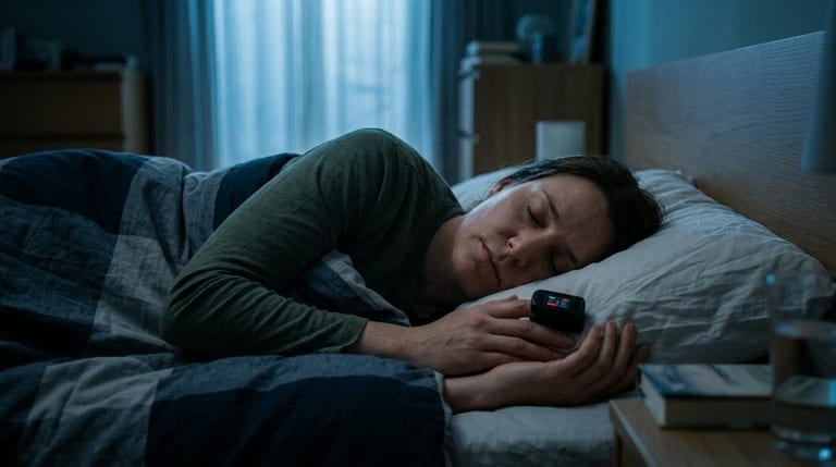 Person sleeping quietly without snoring but wearing a pulse oximeter suggesting hidden sleep apnea