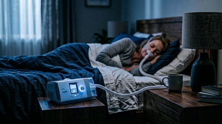 Modern CPAP machine on a nightstand with a person sleeping quietly in the background