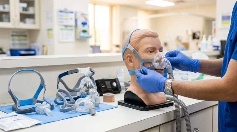 Different CPAP mask types displayed for fitting comparison in a clinic setting