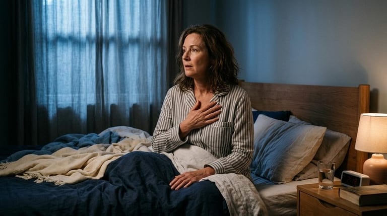 Person sitting up in bed at night gasping for air after waking from sleep apnea