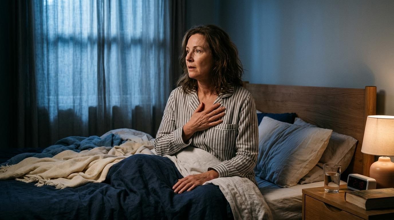 Person sitting up in bed at night gasping for air after waking from sleep apnea