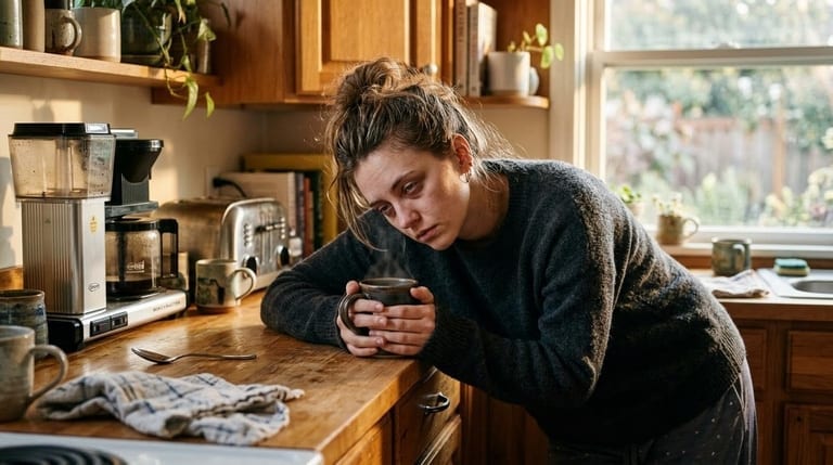 Exhausted person leaning on kitchen counter holding coffee mug struggling with chronic fatigue