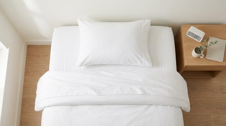 Neatly made bed with alarm clock showing morning time representing ideal sleep duration