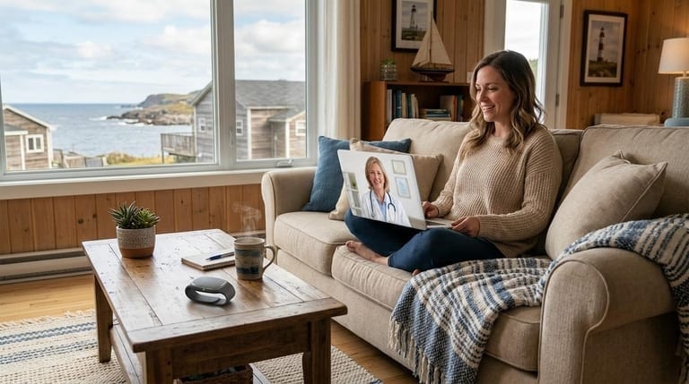 Patient having a remote telehealth consultation for sleep apnea monitoring from home in Atlantic Canada