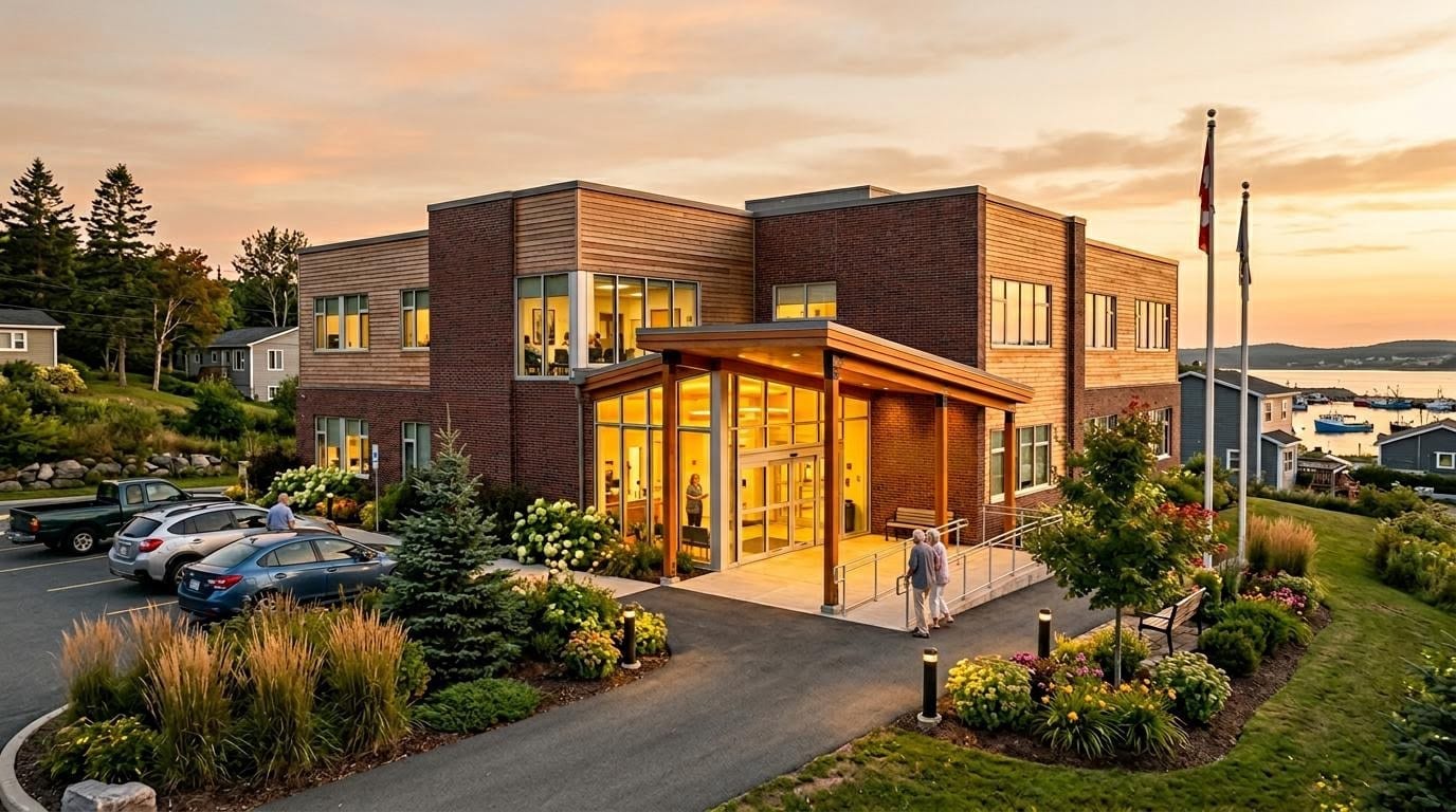 Welcoming sleep clinic building in New Brunswick at golden hour