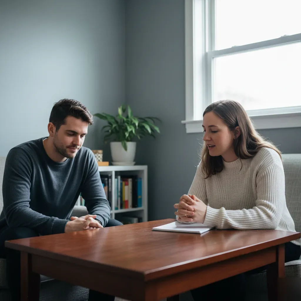 Counselor listens attentively to a client during a sleep disorder counseling session in Rothesay.