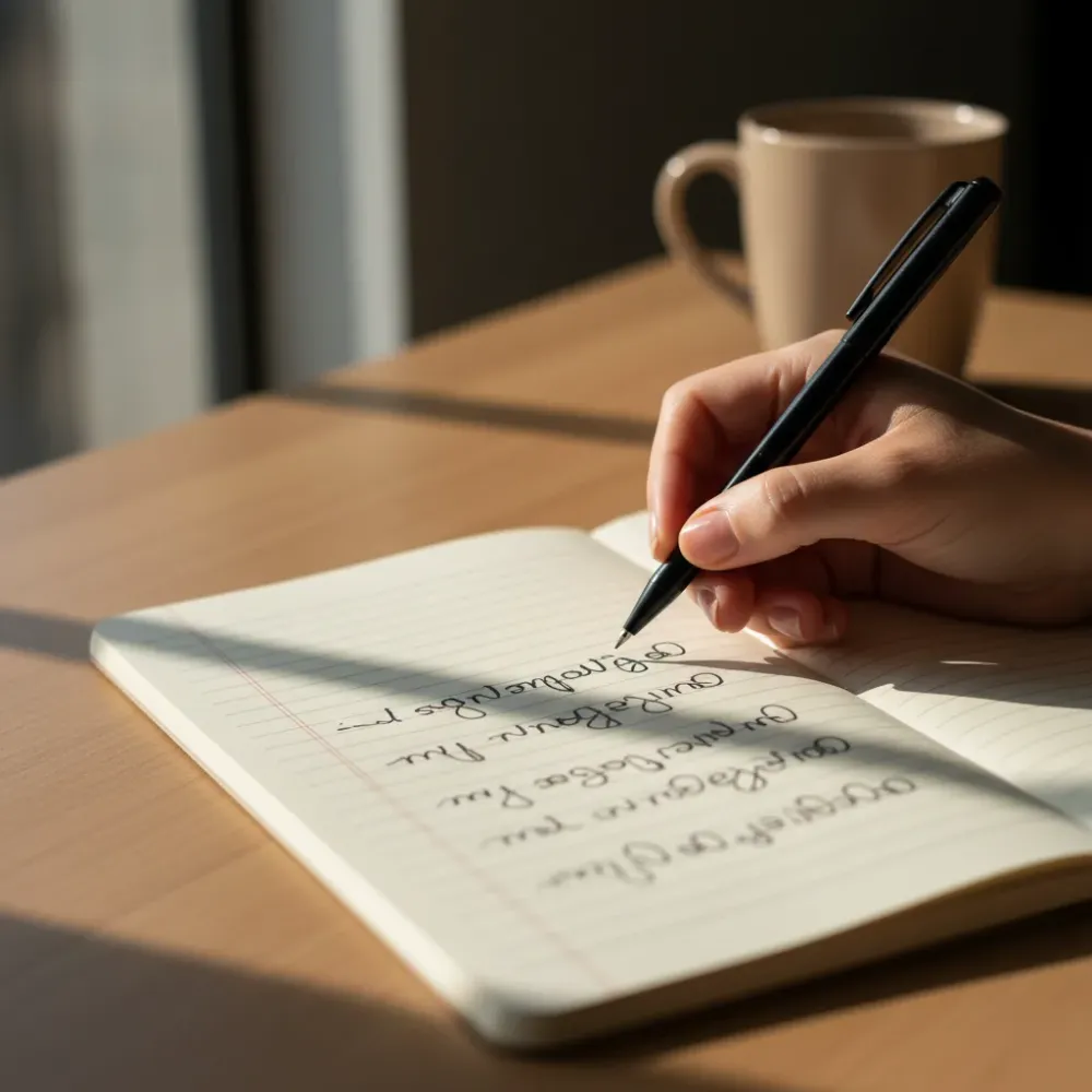 Close-up of a counselor's hand writing notes during a sleep disorder counseling appointment in Rothesay.