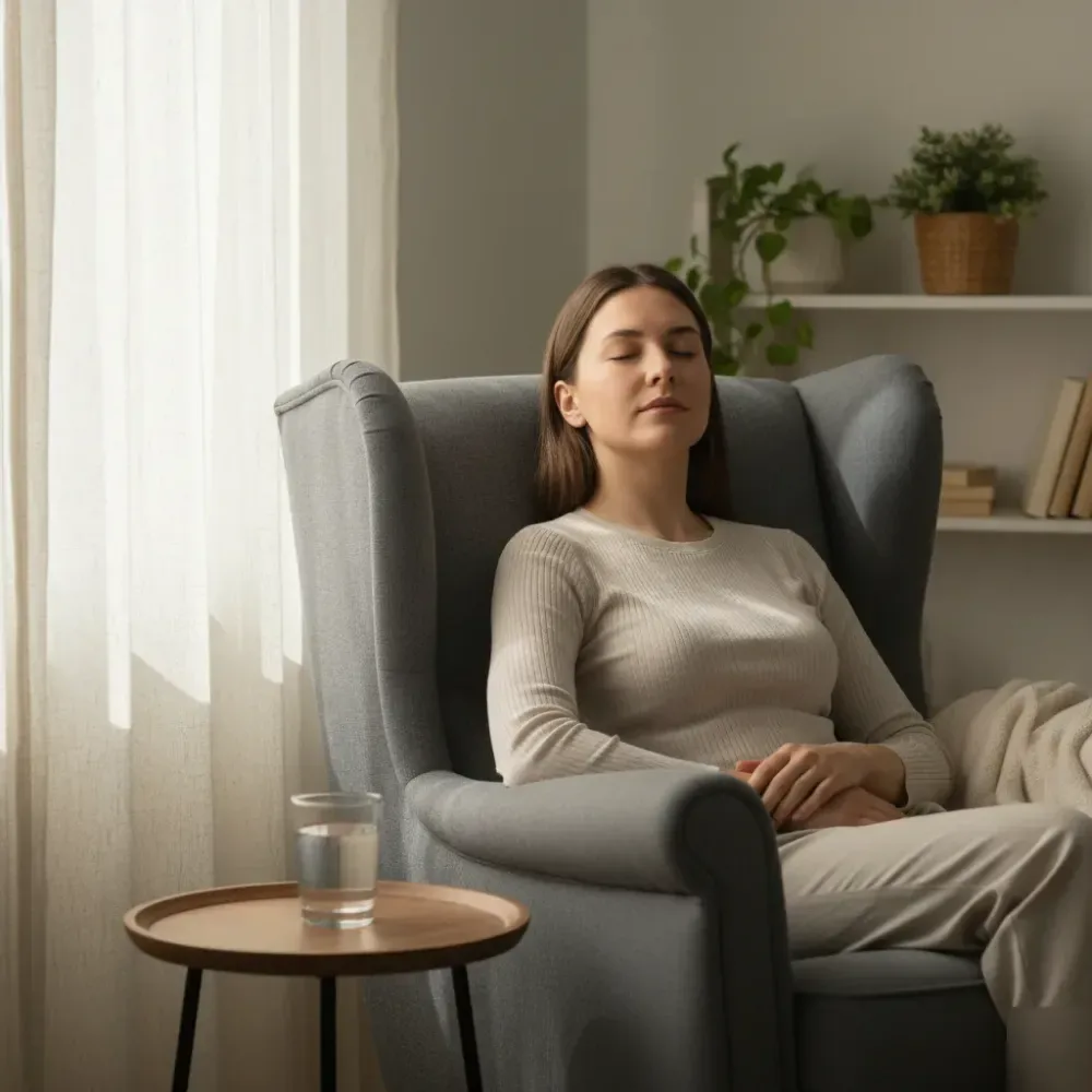 Person rests calmly in a chair by a window, eyes closed, after completing sleep disorder counseling in Rothesay.