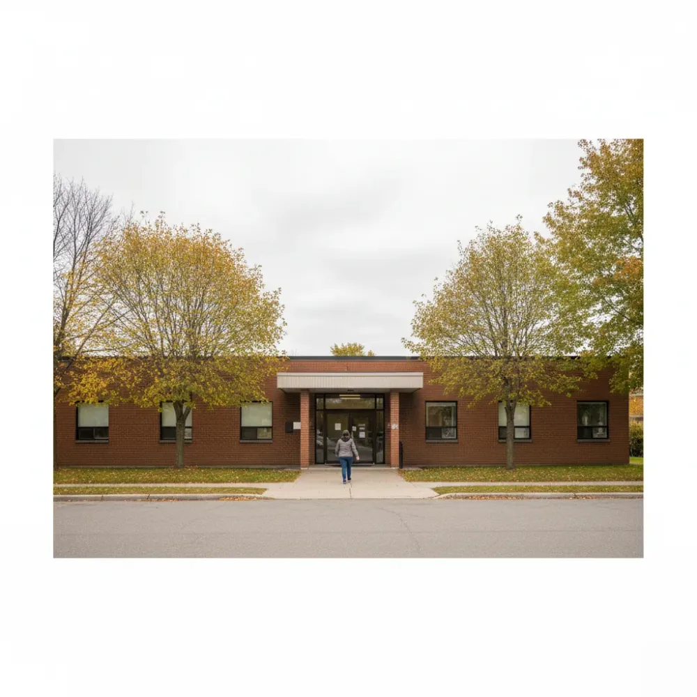 Client approaches the entrance of a sleep disorder counseling clinic in Rothesay on a quiet autumn day.
