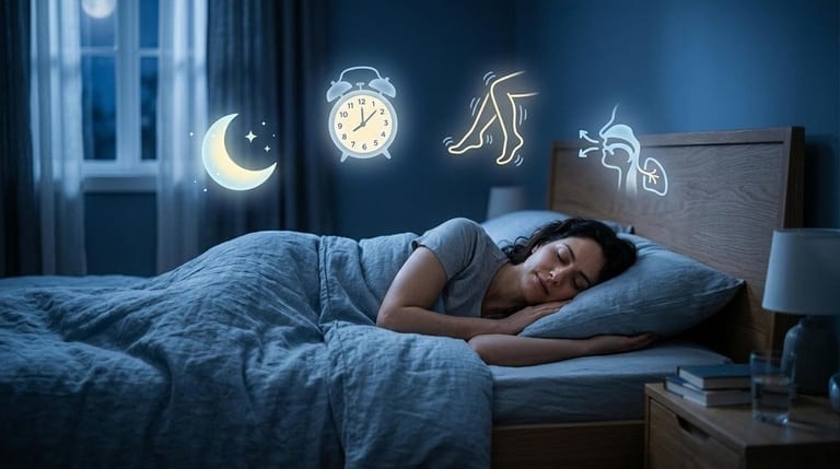 Person sleeping with visual representations of different types of sleep disorders