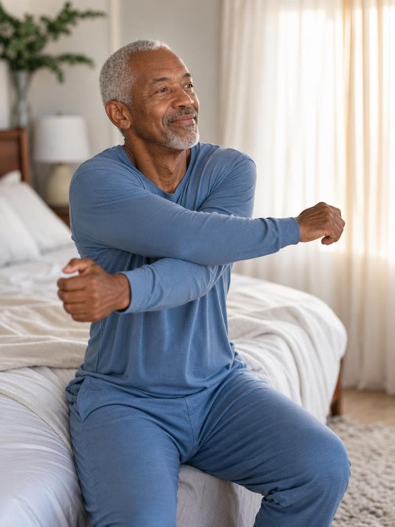Older man waking up well rested, stretching at the edge of his bed in soft morning light
