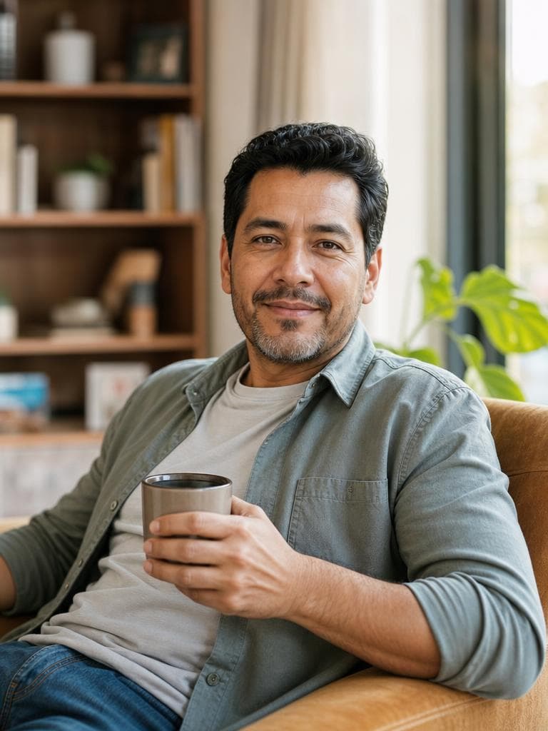 Man feeling well rested in the morning, relaxing with coffee by a sunny window