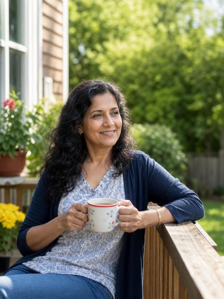 Woman relaxing on her back deck with a cup of tea on a beautiful sunny day, refreshed and well rested