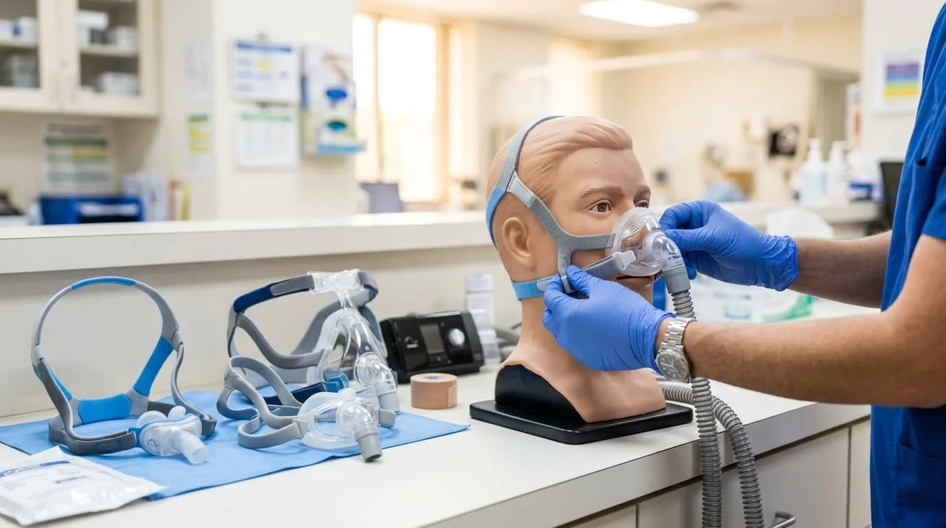 Different CPAP mask types displayed for fitting comparison in a clinic setting