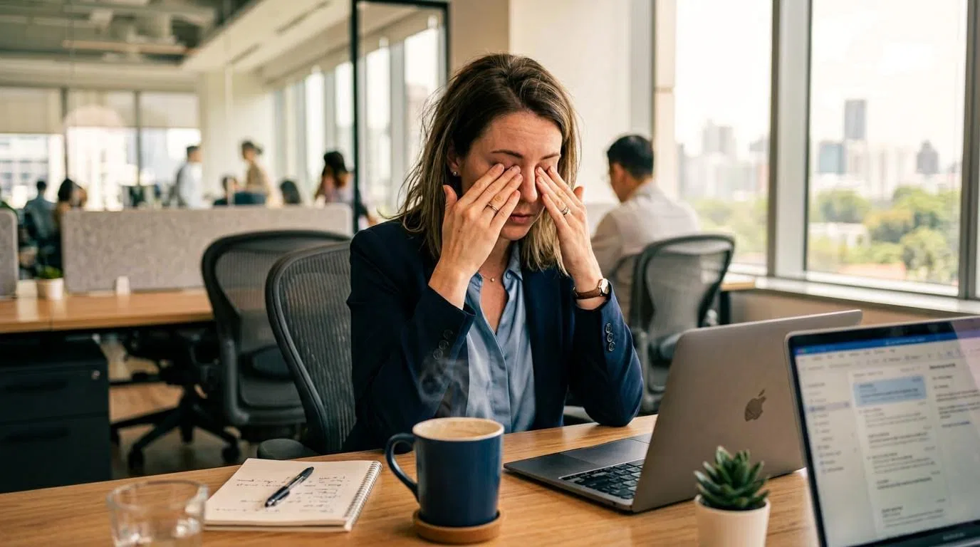 Tired professional at a desk experiencing fatigue from untreated sleep apnea