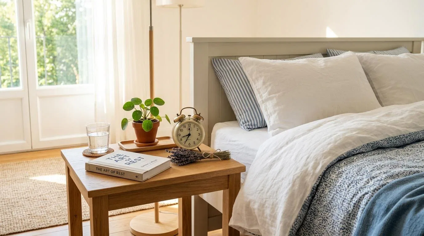 Organized bedside table with sleep hygiene essentials for better sleep habits
