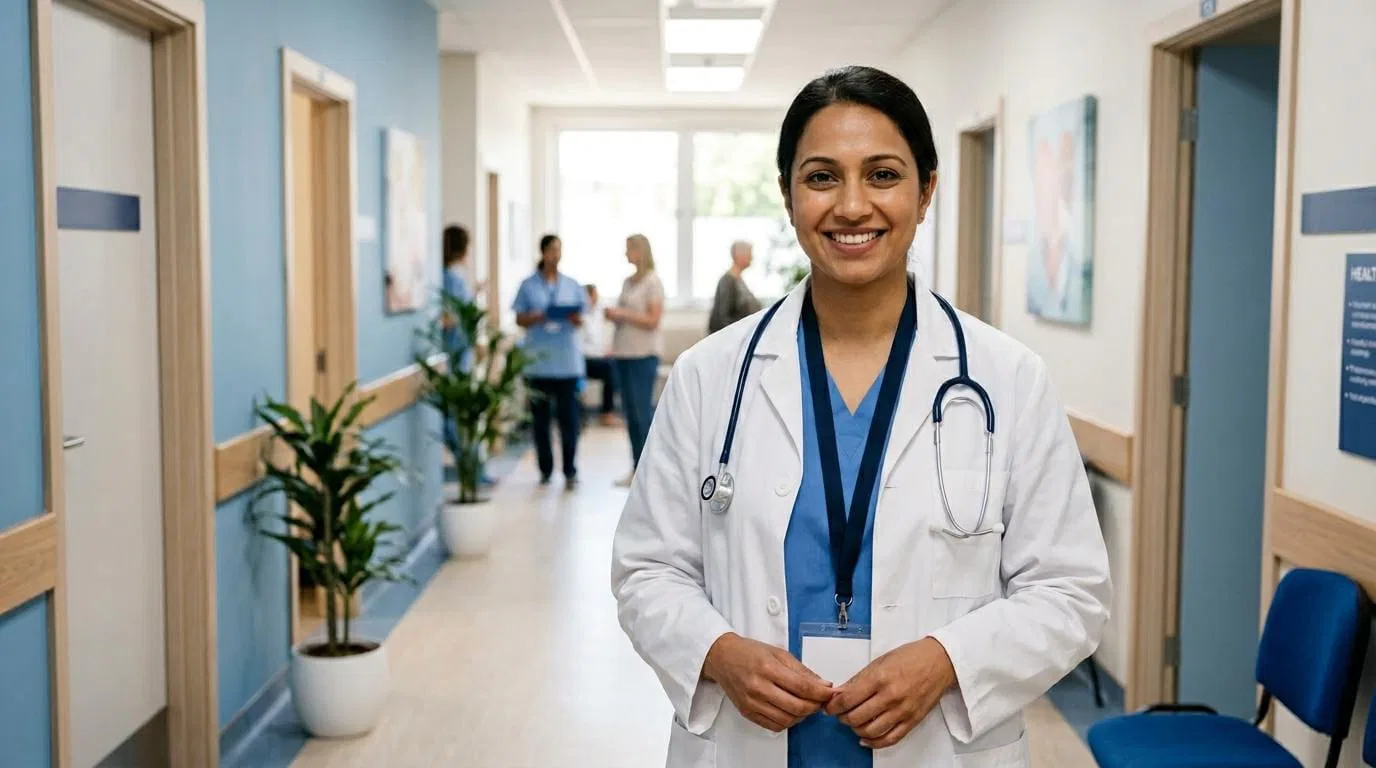 Friendly sleep specialist standing in a modern clinic hallway in Riverview New Brunswick